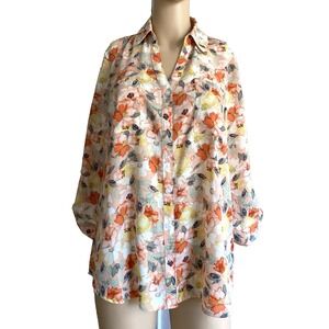 By & By Women's M Blouse Top Pink Floral Button Up Roll Tab Sleeve Romantic